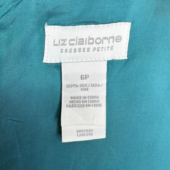 Vintage 90s Liz Claiborne 100% Silk Chiffon Dress Sz 6P Teal Floral Embellished - Picture 16 of 16
